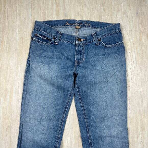 Abercrombie & Fitch Low Rise Raw Hem Y2K Blue Denim Cropped Bootcut Jeans 4 - Picture 2 of 13